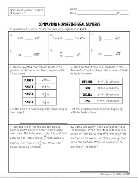 comparing and ordering real numbers worksheet pdf answer key